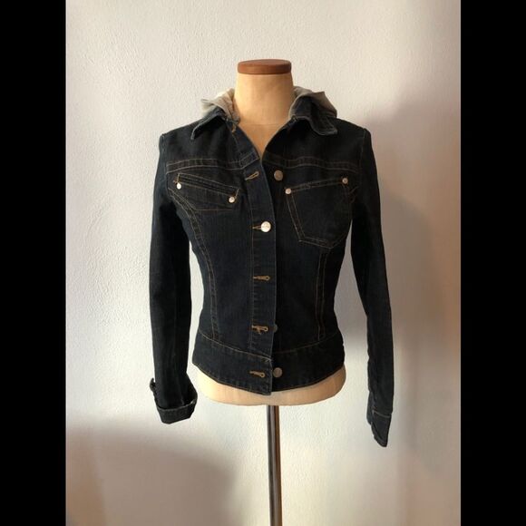 Younique Juniors Dark Denim Jean Jacket with Hoodie Size Small - Picture 4 of 6